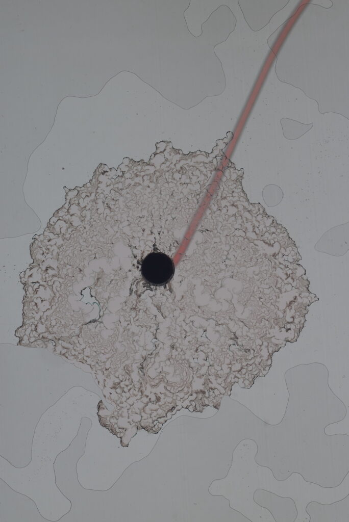 A high-contrast microscopic photograph of a central, dark circular point from which a textured, cloud-like mass expands outward. The mass has an irregular, crinkled edge and a brain-like or frothy internal texture. A single, thin reddish-pink line extends diagonally from the center point toward the top-right corner, while faint, wavy contour lines are visible in the surrounding light-gray background.