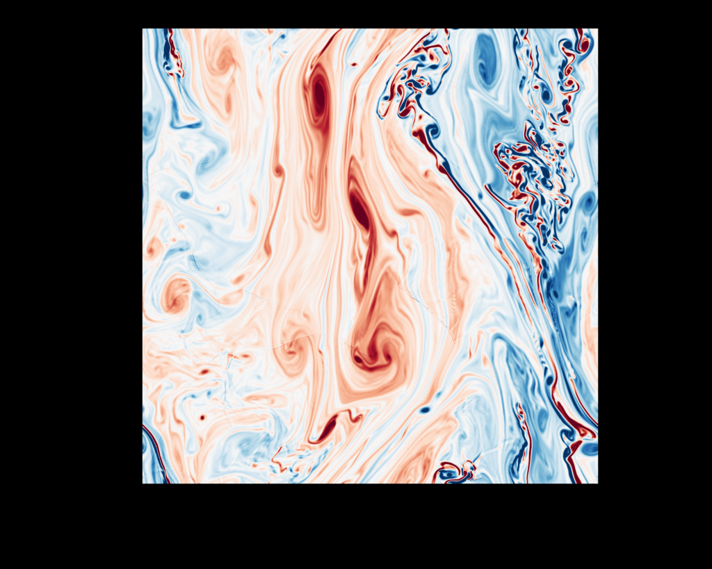 A fluid dynamics visualization featuring a complex field of swirls and vortices. The image uses a divergent color scale, with deep reds and oranges representing one extreme and vibrant blues representing the other. The patterns show turbulent flow, where thin filaments of color interweave and larger spiral structures suggest the mixing of two distinct phases or temperatures in a high-resolution simulation.