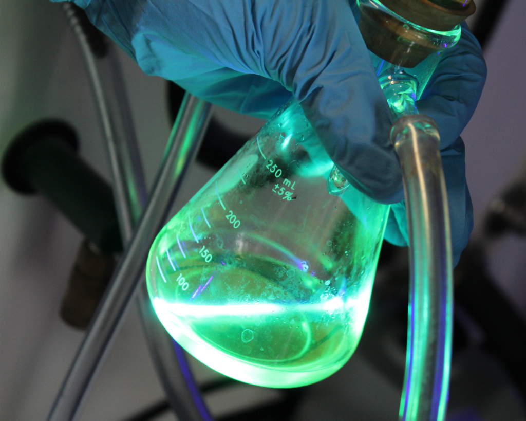 A hand in a blue latex glove is holding a Erlenmeyer flask that’s glowing with an intense, neon-green light. The flask is connected to some clear plastic tubing, and the bright light from the liquid inside is strong enough to reflect off the glass and the glove. In the background, you can see some blurry lab equipment and metal stands