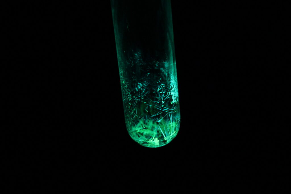 A photograph of a glass test tube containing a bioluminescent or fluorescent substance. The bottom of the tube glows with a brilliant, neon-green light, revealing sharp, needle-like crystalline structures within the liquid. The glow illuminates the lower half of the tube, while the upper portion and the surrounding environment are lost in deep, solid black, creating a dramatic and high-contrast scientific visual.