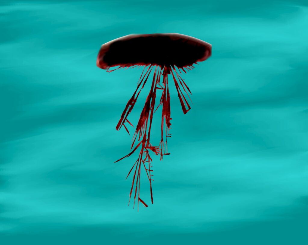 A digital illustration of a dark, deep-red crystalline structure that bears a resemblance to a jellyfish. The "bell" of the structure is a solid, dark horizontal mass, from which long, needle-like red shards and filaments hang down like tentacles. This entire form is set against a vibrant, brush-textured turquoise background, creating a sharp contrast that makes the structure appear as if it is floating in a bright, tropical sea.