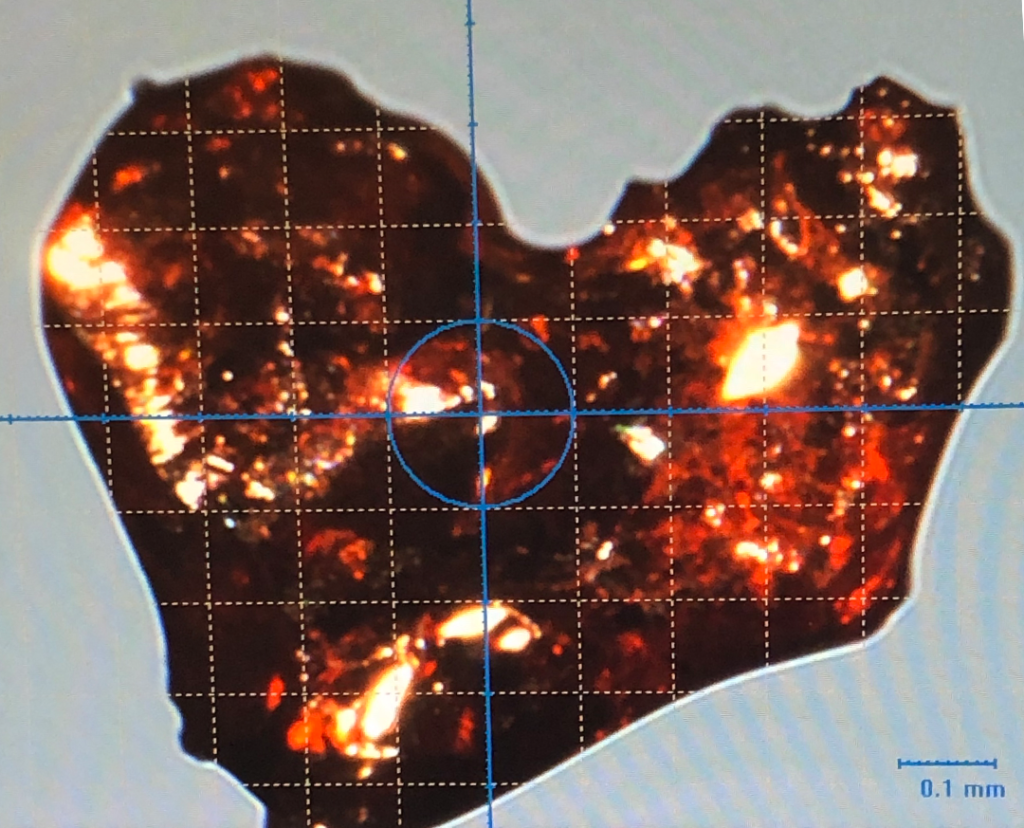 A microscopic image of an irregularly shaped, heart-like dark specimen analyzed under a specialized imaging interface. The sample is dark brown to black with numerous bright, glowing orange and gold inclusions scattered throughout. A thin white dashed grid is overlaid on the image, centered on a blue crosshair and a small blue circle. A scale bar in the bottom-right corner indicates a length of 0.1 mm.
