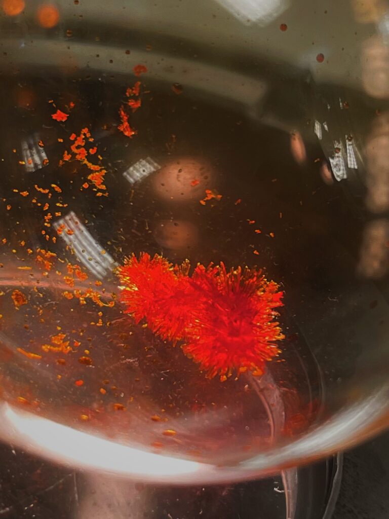 A digital simulation of vibrant, needle-like red crystals forming within a glass laboratory flask. The simulation depicts two spherical, pom-pom-shaped clusters with many sharp points radiating outward. Smaller red crystalline flakes are scattered around the main clusters and along the curved interior of the virtual glass, all submerged in or resting against a clear fluid.