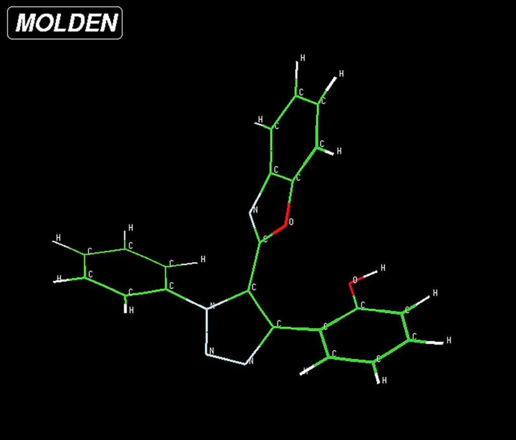 A digital visualization of a complex organic molecule. The chemical structure is rendered against a black background with thin green lines representing carbon-carbon bonds. Atoms are labeled with white text: C for carbon, H for hydrogen, N for nitrogen (shown with light blue bonds), and O for oxygen (highlighted with red bonds). The molecule features a central heterocyclic core with three distinct aromatic or heterocyclic rings branching off in different directions, including a phenol group and a benzoxazole derivative.