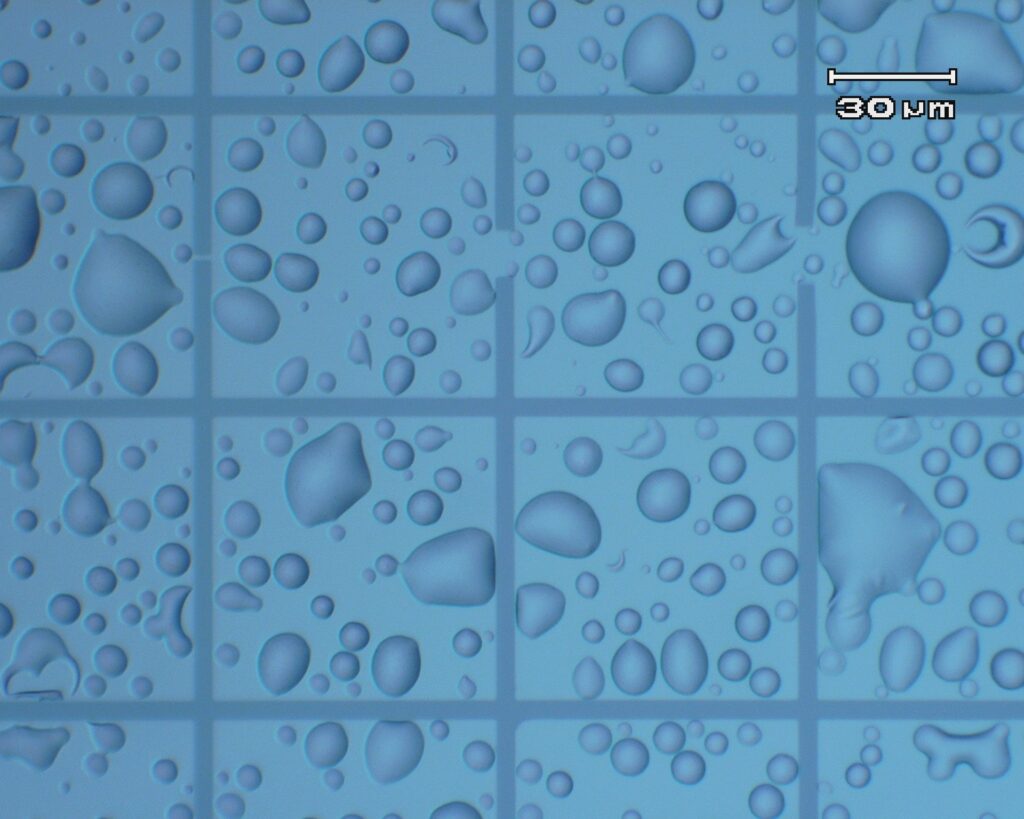 A microscopic image showing a grid of light blue squares, each containing numerous translucent, droplet-like shapes of varying sizes. The droplets appear rounded and slightly shaded, creating a three-dimensional effect on the flat blue surface. A white scale bar in the upper right corner indicates a length of 30 micrometers.