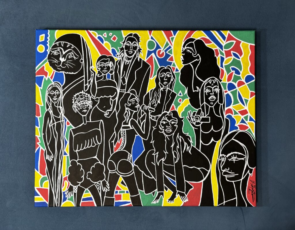 A pop-art painting featuring a group of people and a hooded cat-person rendered as flat black silhouettes with white line-art details. They are layered over a vibrant, abstract background of geometric shapes in yellow, red, blue, and green.