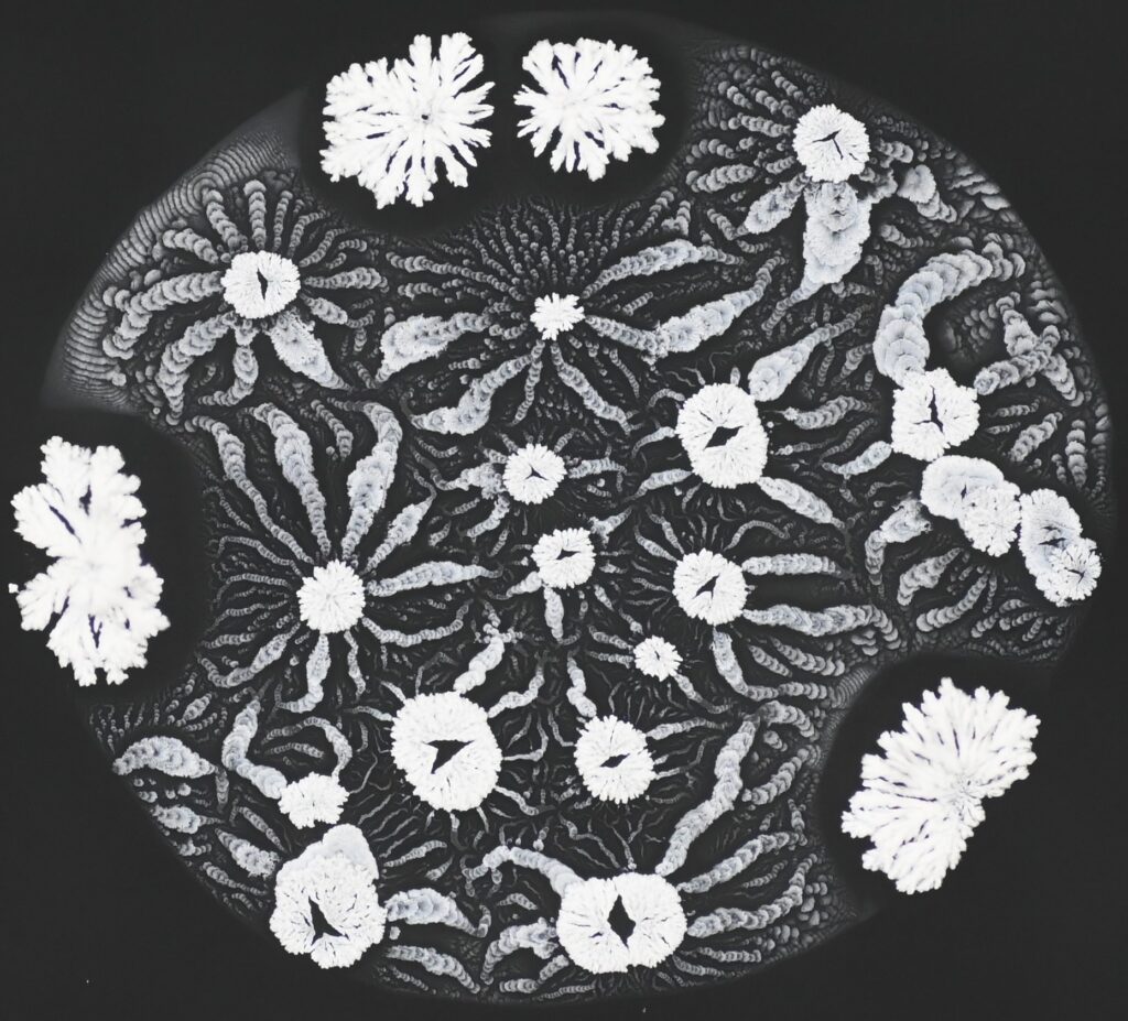 A top-down, black-and-white image of a circular petri dish containing microbial growth. Several large, bright white colonies with jagged, crystalline edges are positioned around the perimeter. The center is filled with numerous smaller circular colonies that have radiating, branch-like patterns extending outward.