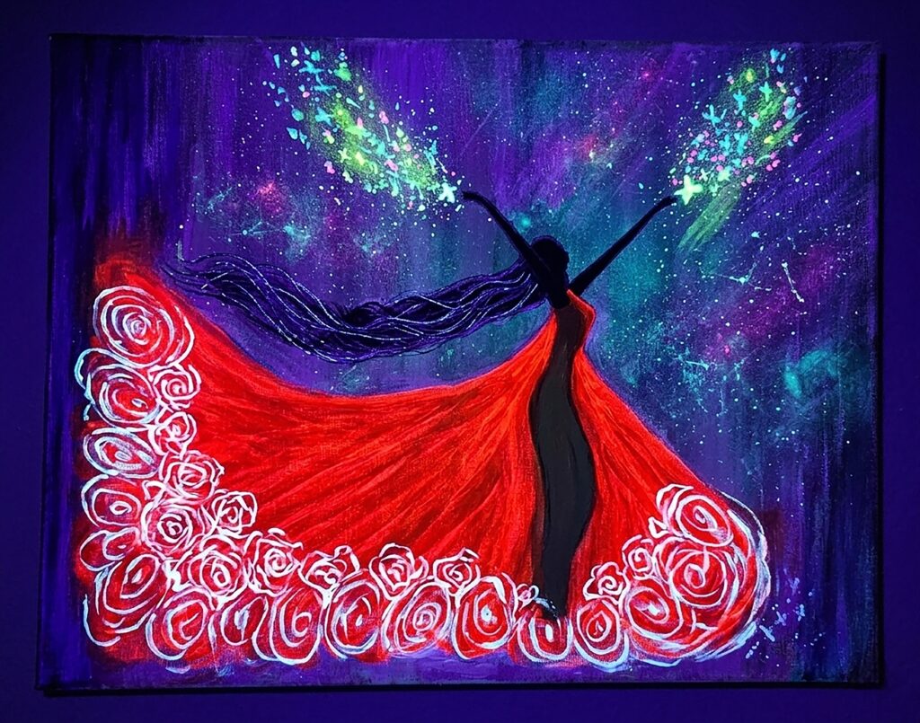 Painting of a woman in a red dress.